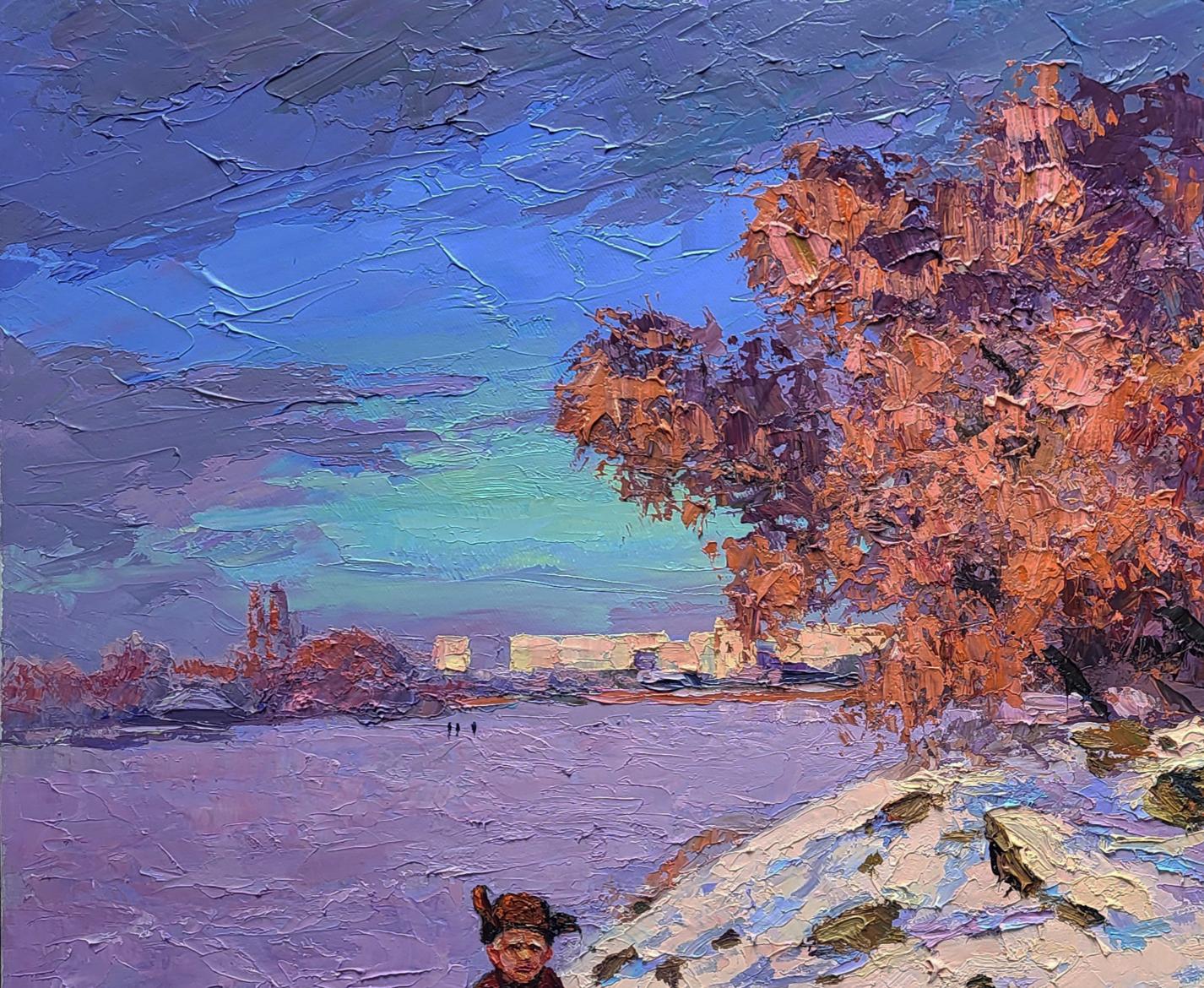 Textured impressionist oil painting Ice on the River by Boris Serdyuk snowy landscape