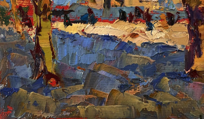 Oil painting Evening sound of the bell by Oksana Ivanyuk in blue earthy tones