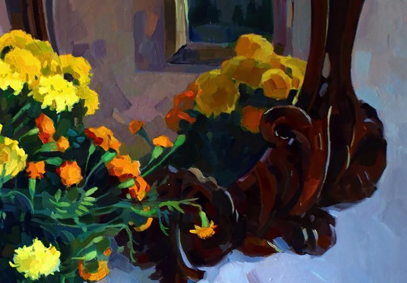 Oil painting of vibrant yellow orange marigolds by Anastasia Yaroshevich
