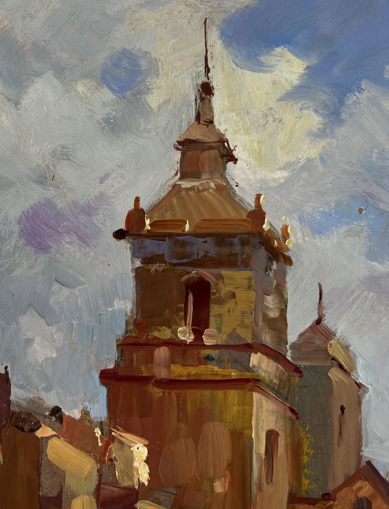 Warm-toned oil painting of ancient castle church tower by Yuriy Suprunchuk