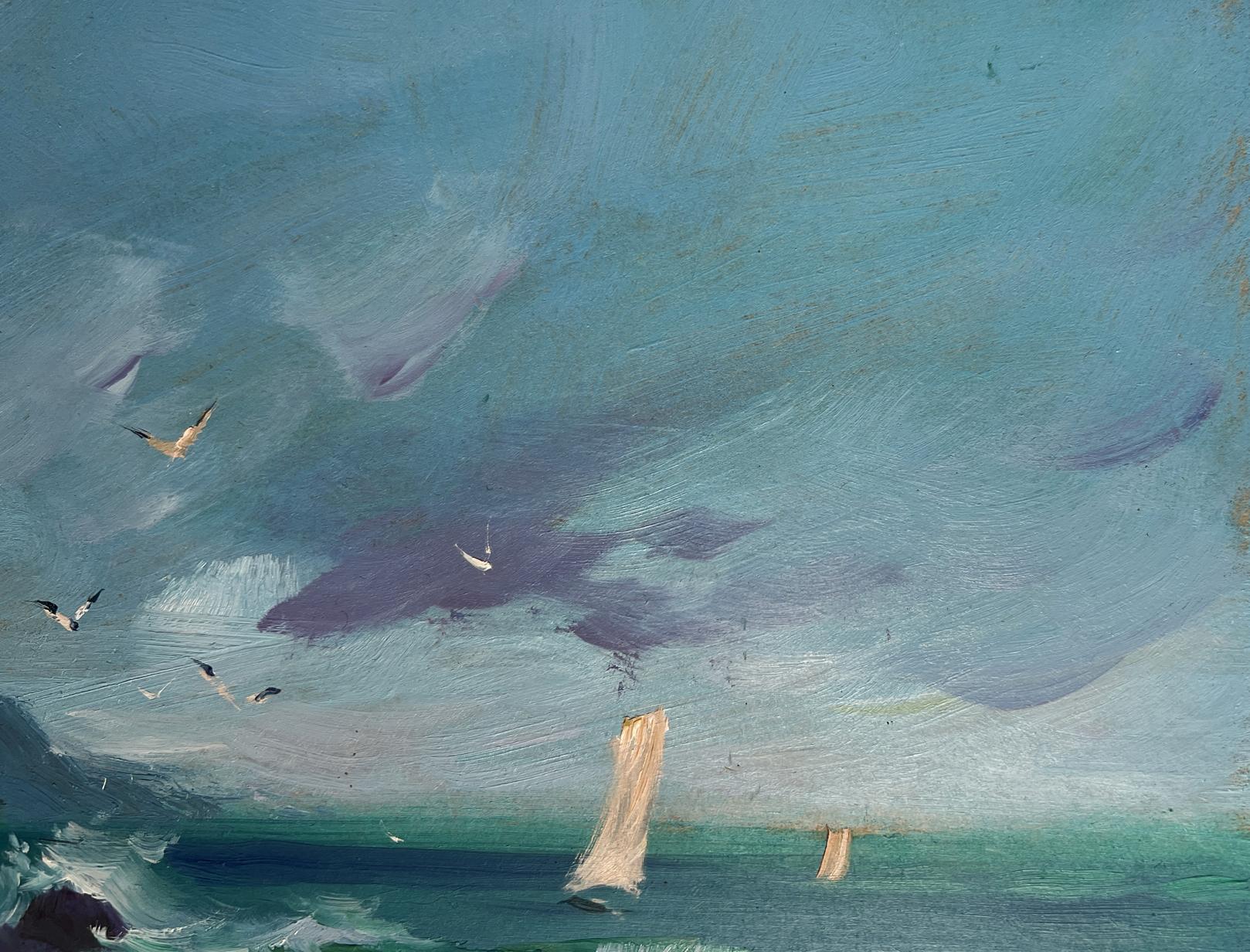 Oil painting by Yuriy Suprunchuk: seagulls over dynamic seascape