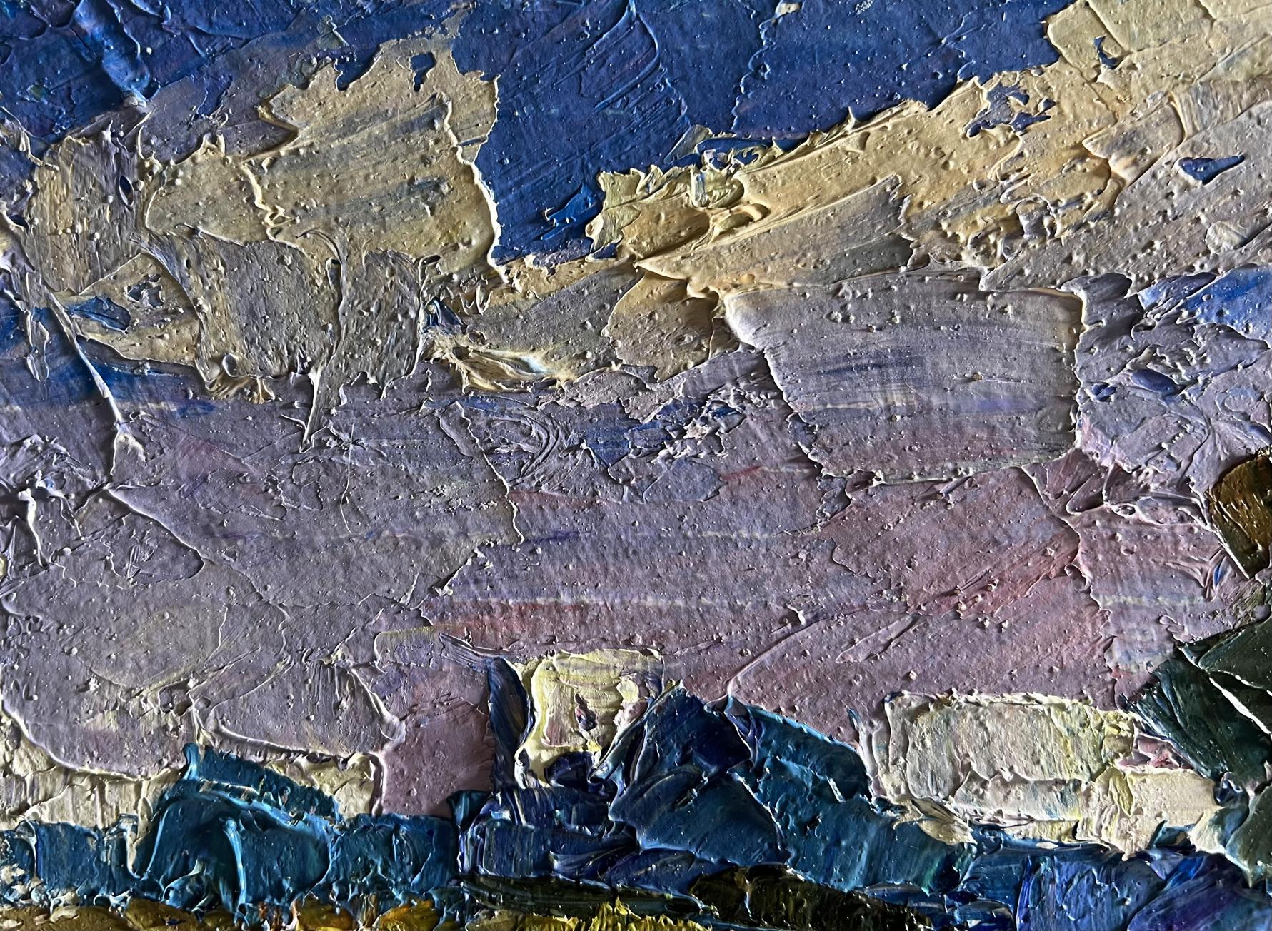 Oil painting September day in the field by Boris Serdyuk, impasto blue and gold