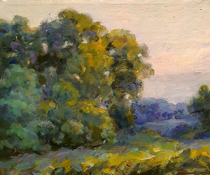 Oil painting Walking by the river by Ivan Kovalenko lush green tree