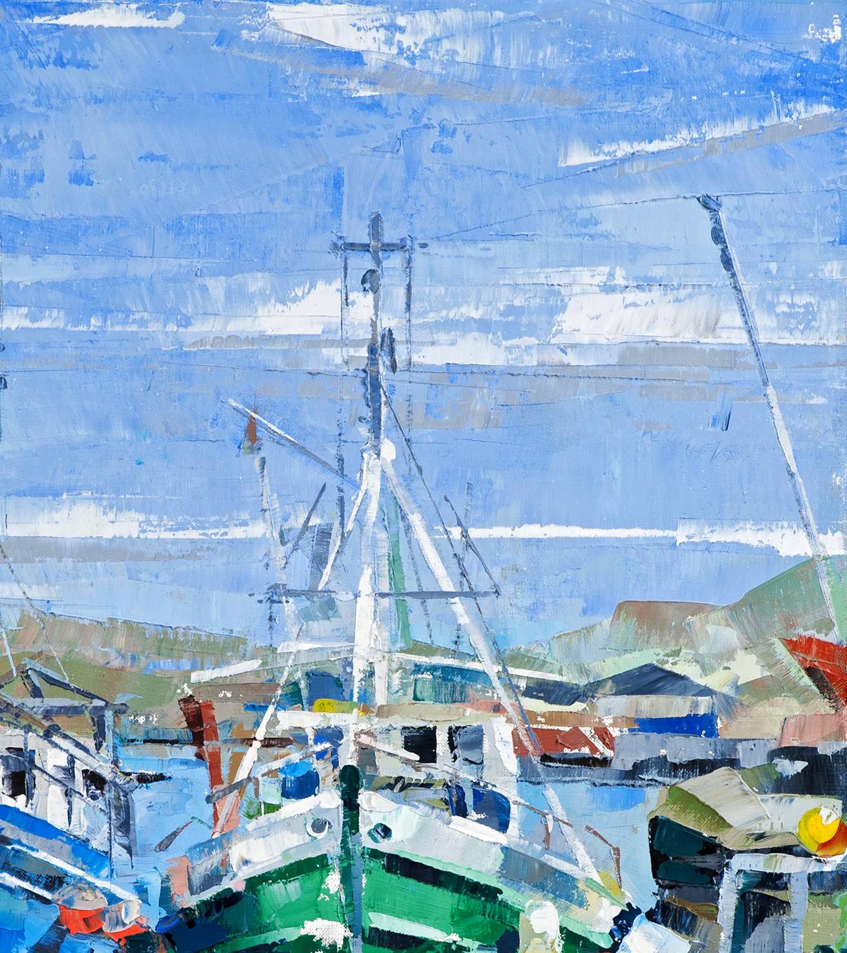 Oil painting of vibrant green fishing boat in Andalusia harbor by Volodymyr Gluhomanyuk