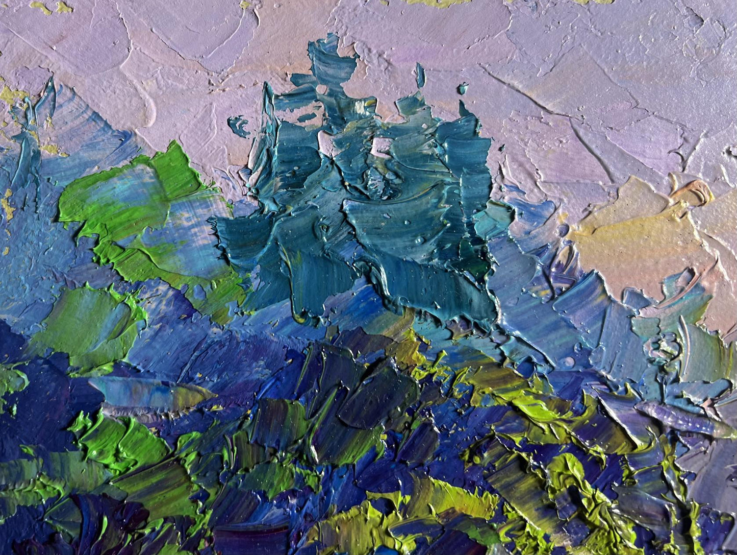 Oil painting of summer flower meadow by Boris Serdyuk, textured blues and greens