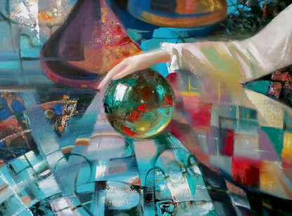 Translucent green crystal ball with red gold swirls in white-gloved hand, Queen Anatoly Tarabanov abstract oil painting