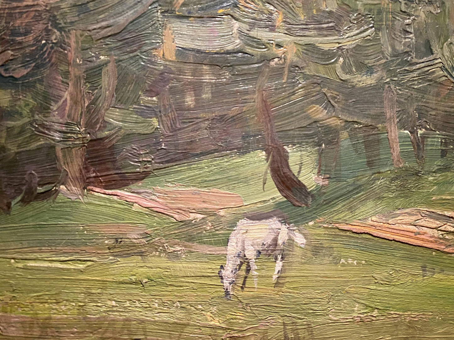 Oil painting of white horse grazing green field by Serhii Hryhoriev