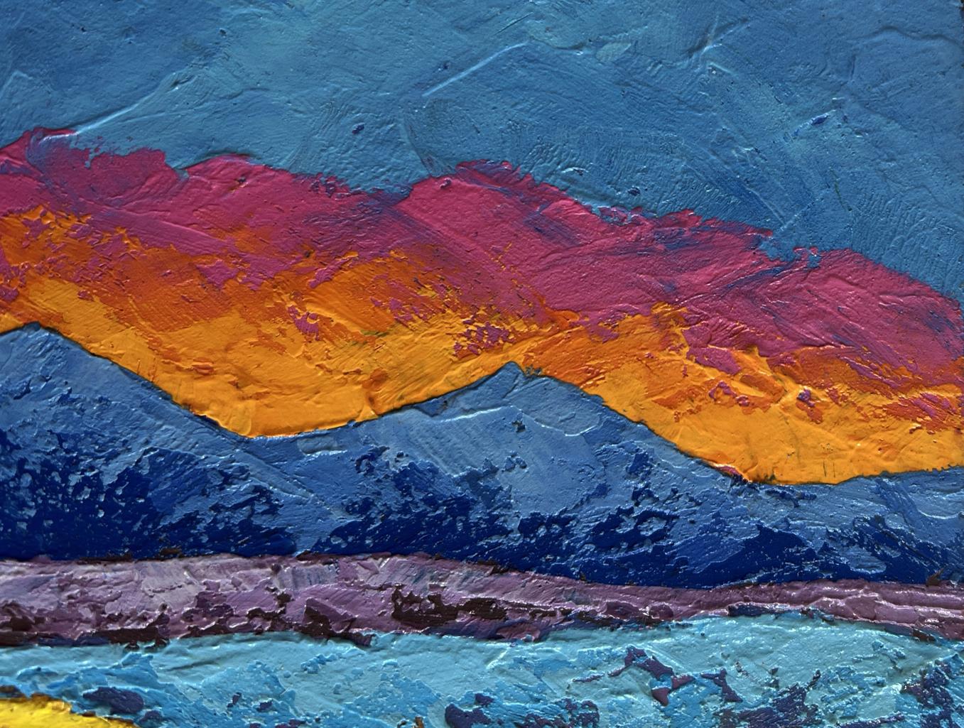 Oil painting of orange sunset behind vibrant layered mountains by V. Zadorozhnya
