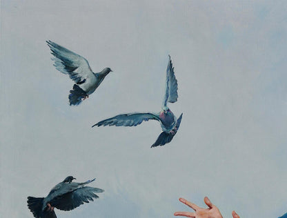 Three pigeons in mid-flight, oil painting by Oleg Kateryniuk