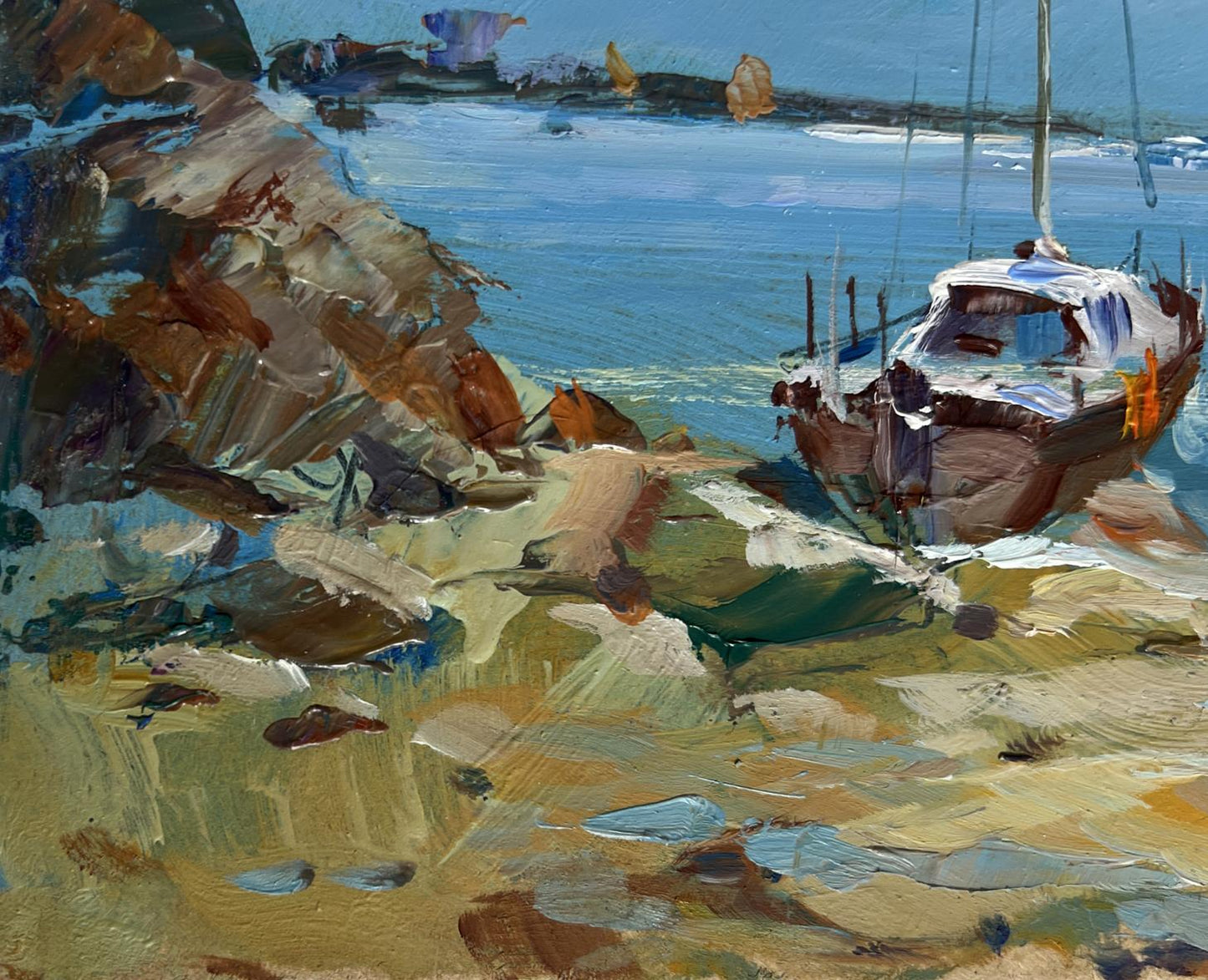Oil painting by Yuriy Suprunchuk: sailboat on rocky shores, blue sea