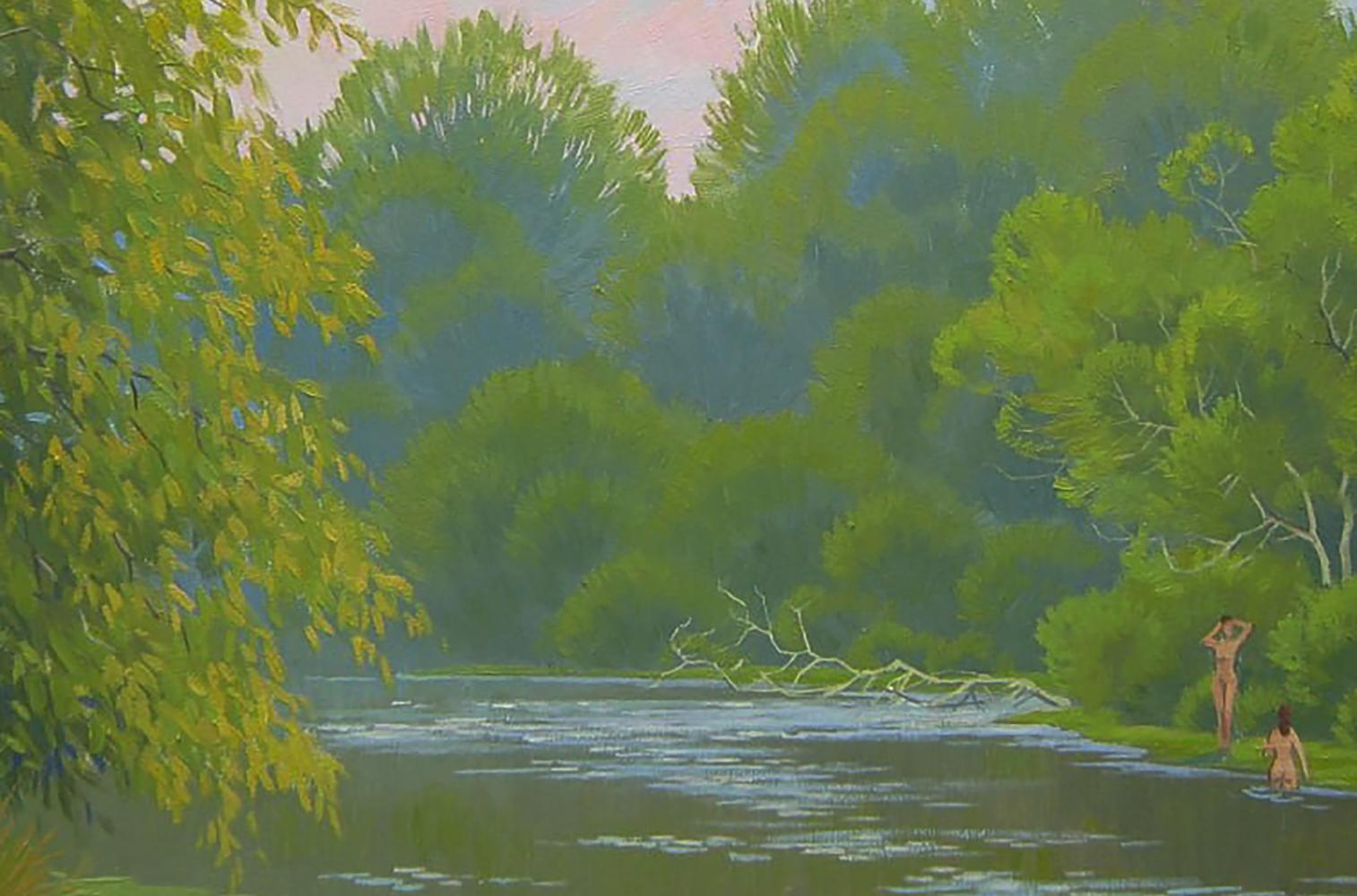Oil painting by the summer river by Valery Savenets lush forest scene