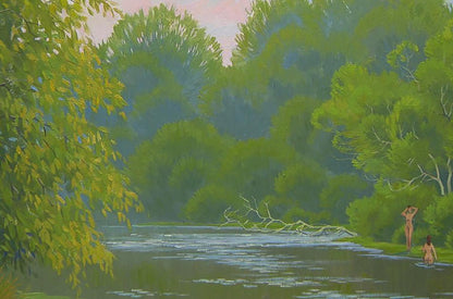 Oil painting by the summer river by Valery Savenets lush forest scene