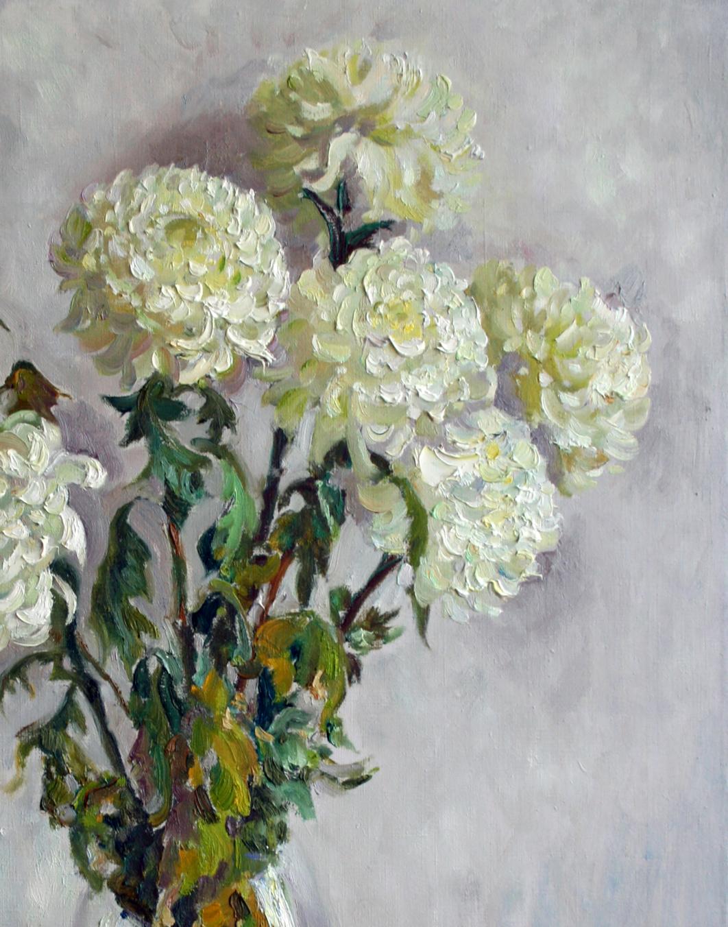 Oil painting Melancholy by Leonid Pavlenko: impressionistic white chrysanthemums