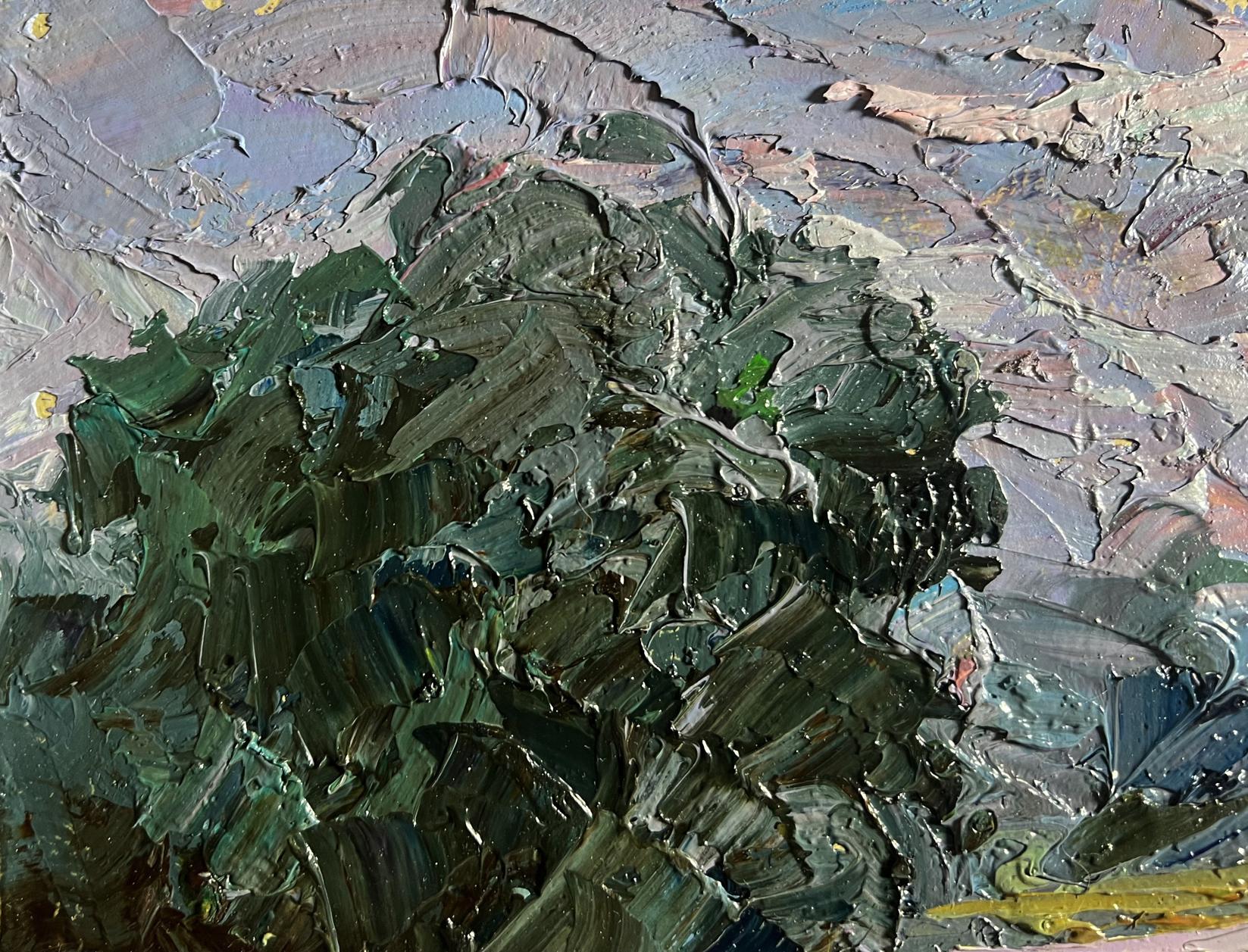 Textured dark green oil painting Further away from the city by Boris Serdyuk