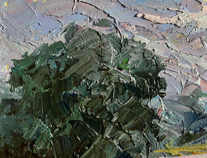 Textured dark green oil painting Further away from the city by Boris Serdyuk