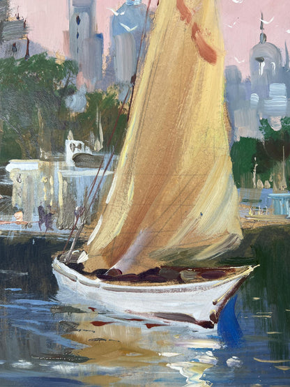 Oil painting of white sailboat with golden-yellow sail on calm water by Yuriy Suprunchuk