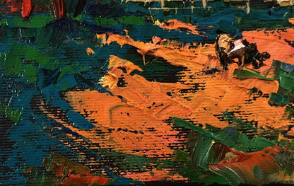 Vibrant Oleksiy Ivanyuk oil painting Village in the rays of the sun with textured orange green blue brushstrokes