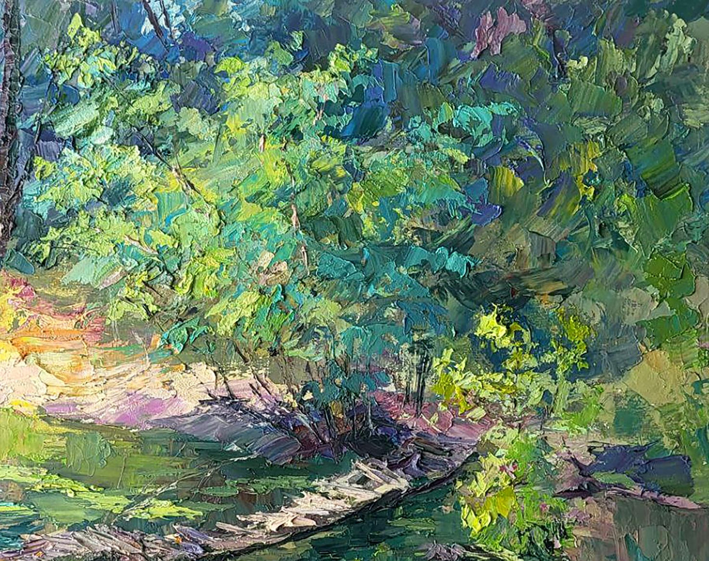 Vibrant impressionist oil painting of lush green forest by Boris Serdyuk