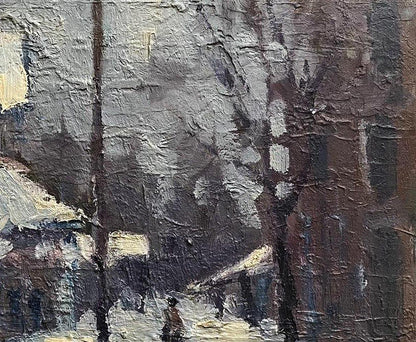 Textured gray brown oil painting of street scene by Volodymyr Pashchenko
