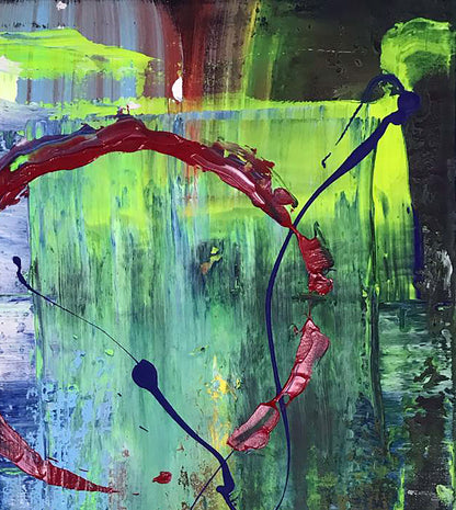 Vibrant acrylic painting Red sun by Olga Melezhik with bold green red blue strokes