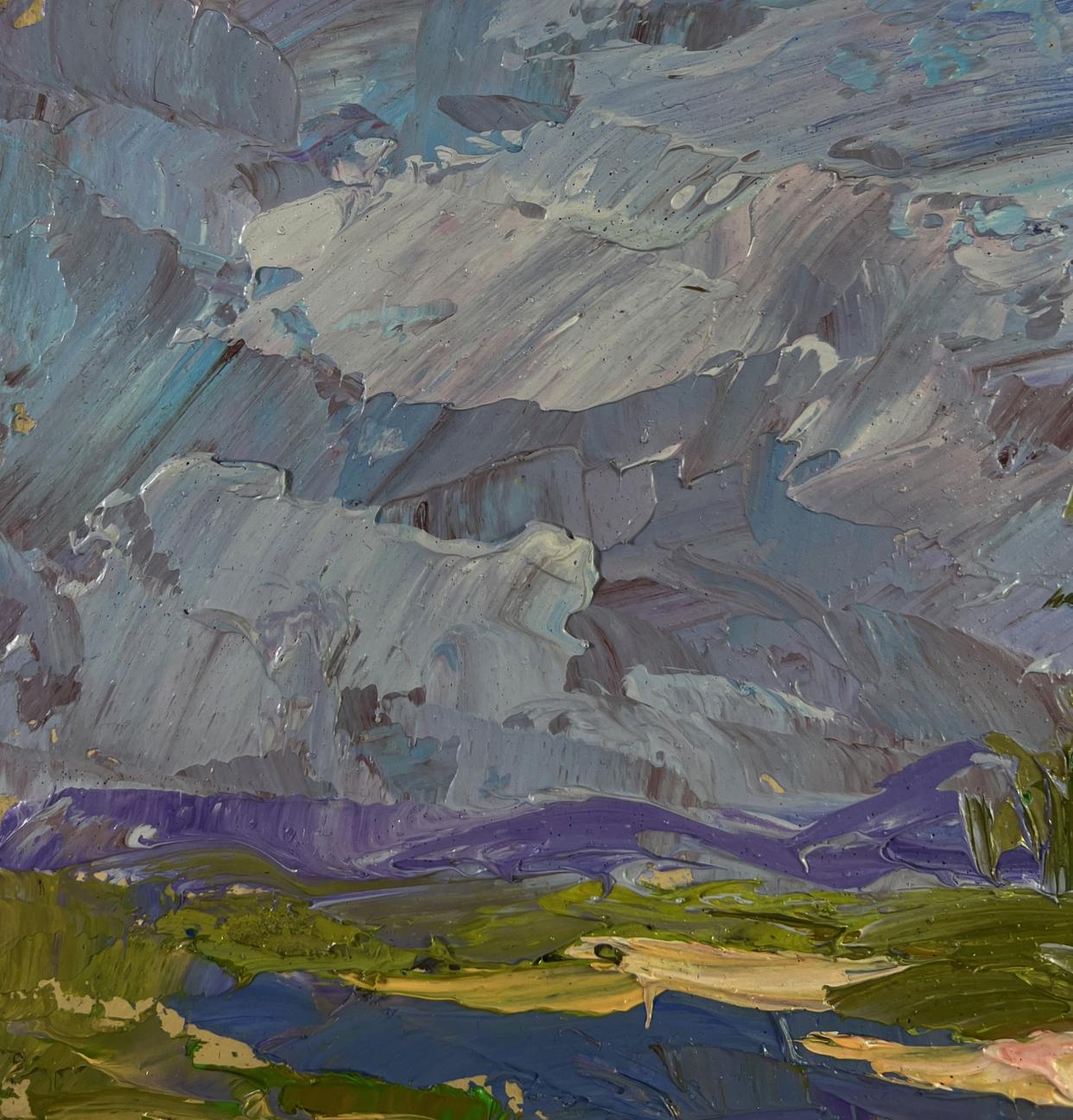 Impressionistic oil painting by Boris Serdyuk: sunny day with gray blue purple mountains