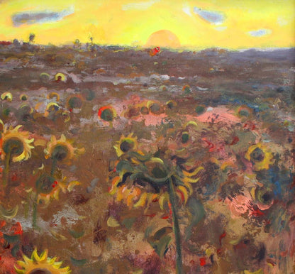 Vibrant acrylic painting Sun worshipers by Leonid Pavlenko, sunflower field at sunset