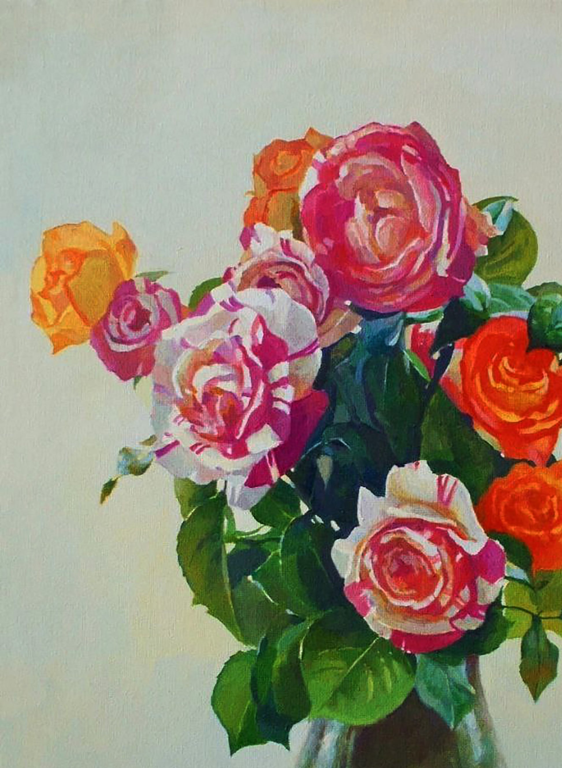 Oil painting Pink beauty of flowers by Anastasia Yaroshevich, vibrant pink orange white roses