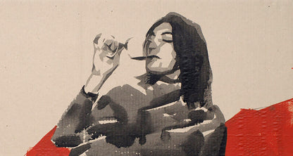 Stylized black-and-white woman by Dima Filatov, red wine acrylic painting