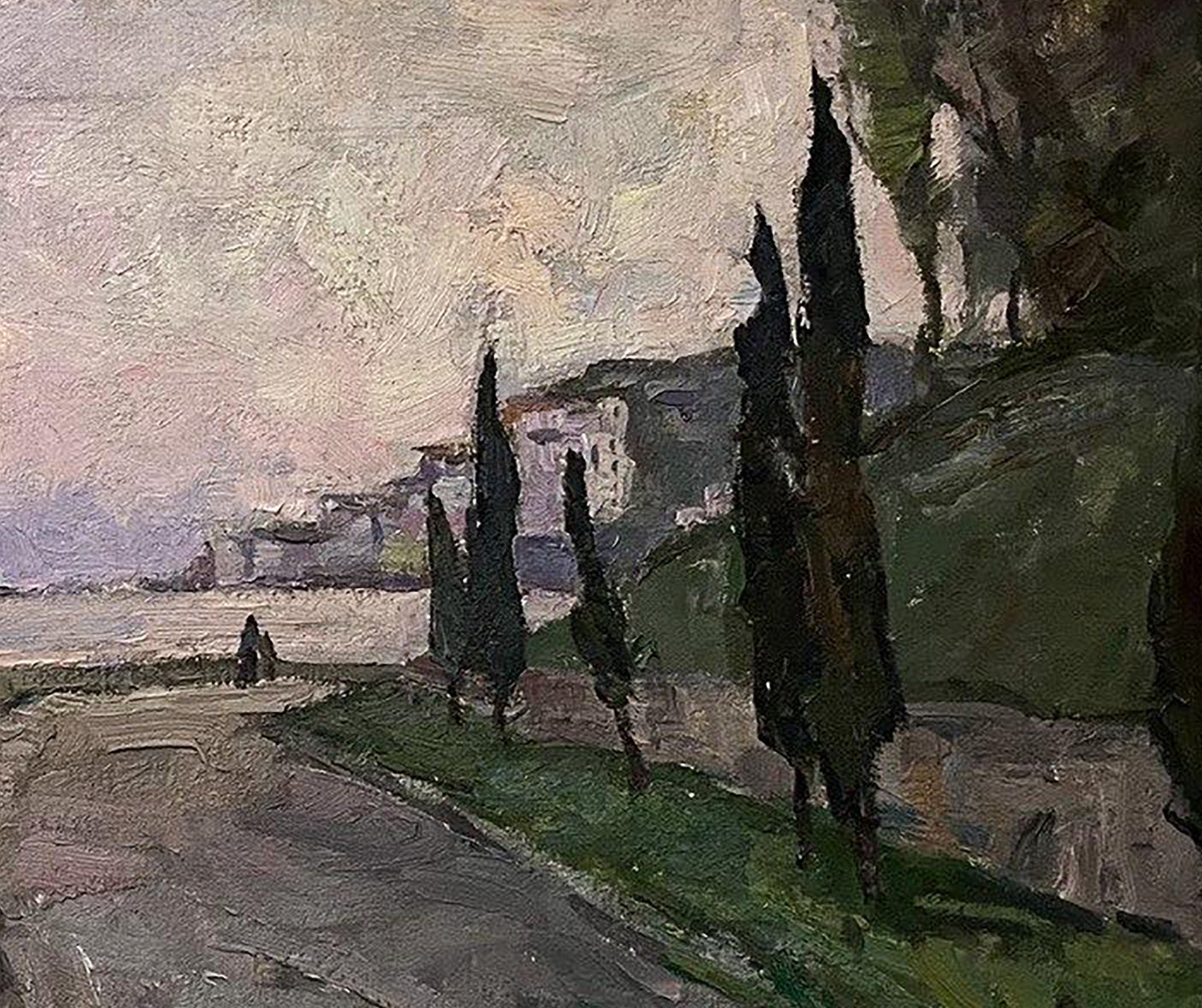 Impressionistic oil painting Embankment by Oleksandr Andreev with cypress trees