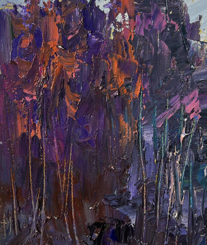 Oil painting The road to the forest by Boris Serdyuk with purple orange brown strokes