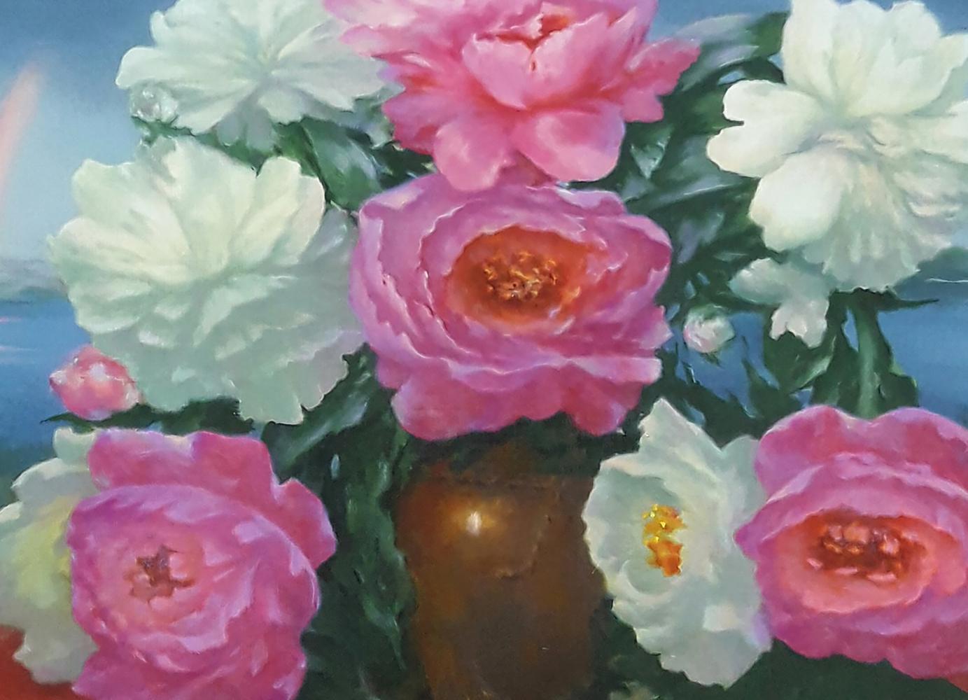 Oil painting Morning Peonies by Vasily Korkishko with pink peonies vase