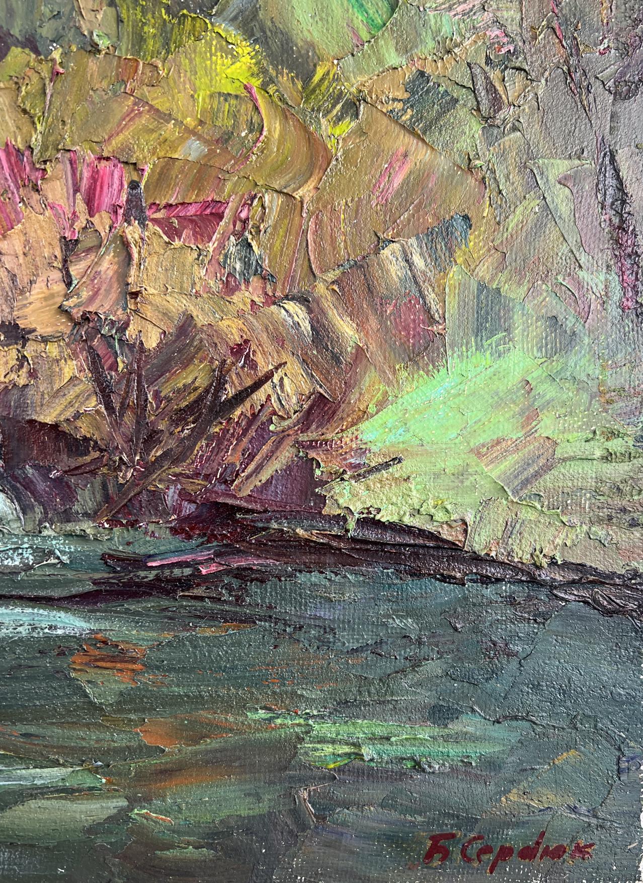 Oil painting Morning embroidered with rays by Boris Serdyuk, textured impasto in earthy tones