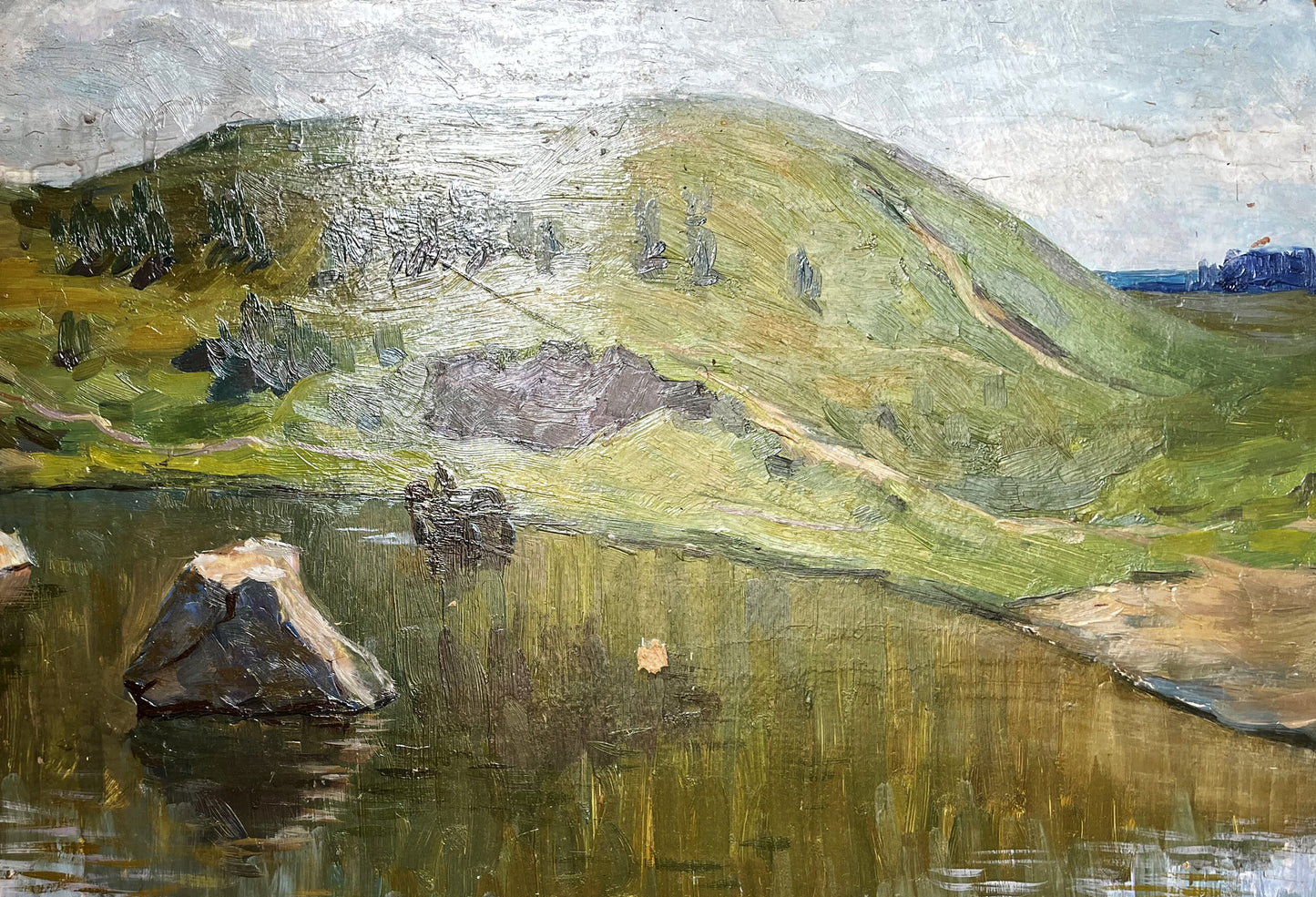 Oil painting Still water by Boris Talko serene hills lake rocks