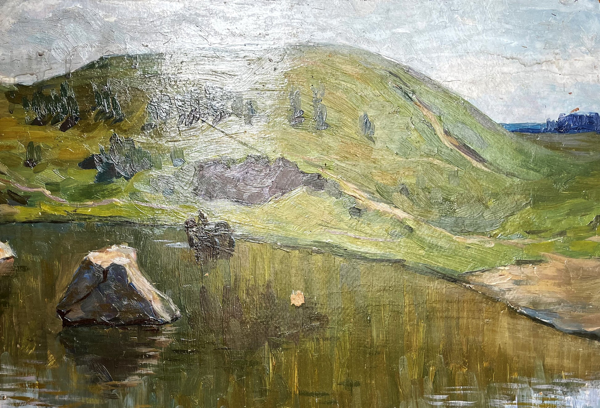Oil painting Still water by Boris Talko serene hills lake rocks
