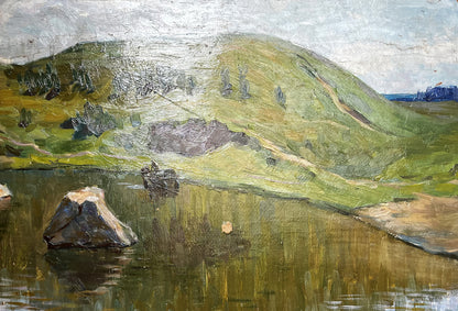 Oil painting Still water by Boris Talko serene hills lake rocks