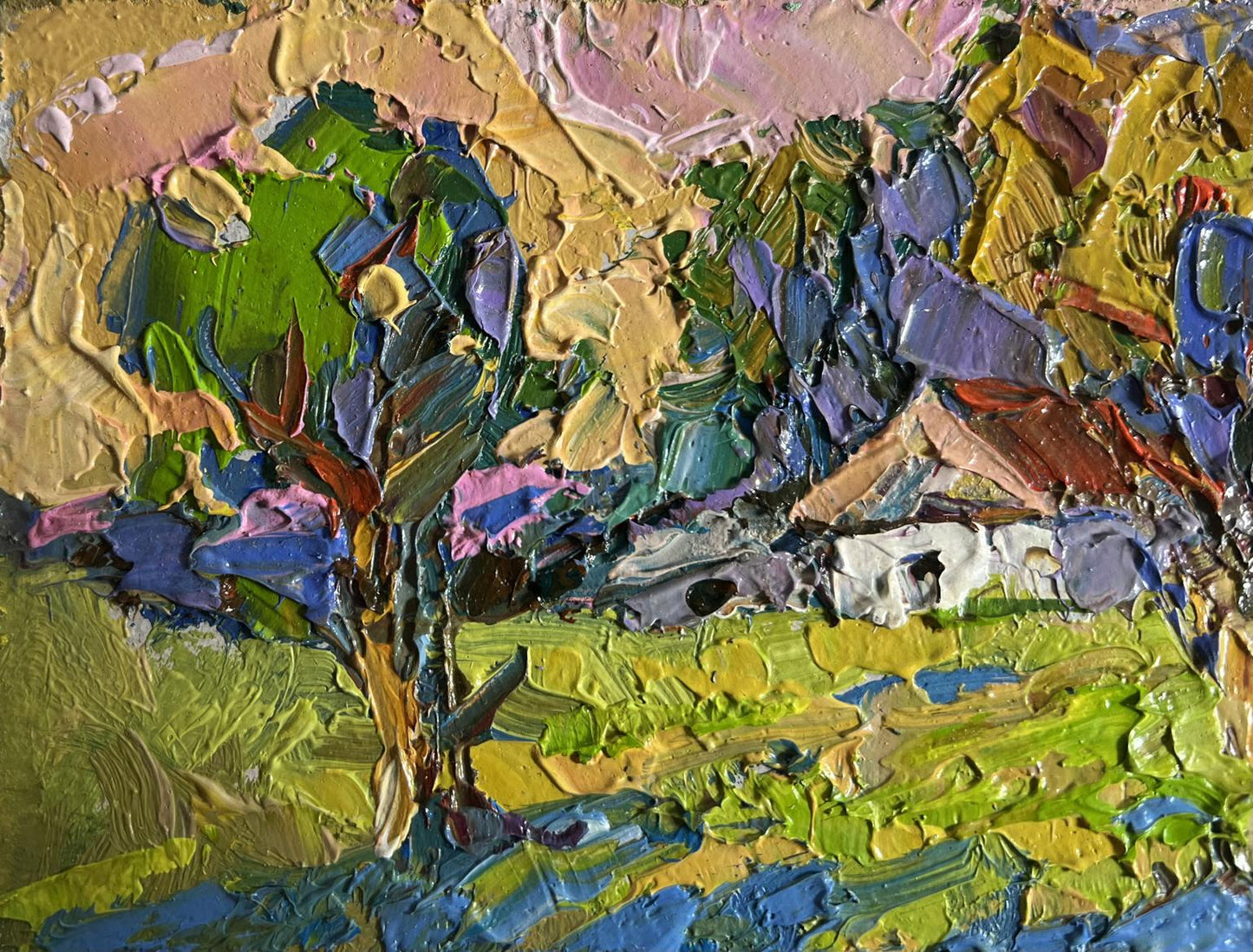 Oil painting Geese behind the trees by Oksana Ivanyuk impressionist tree foliage