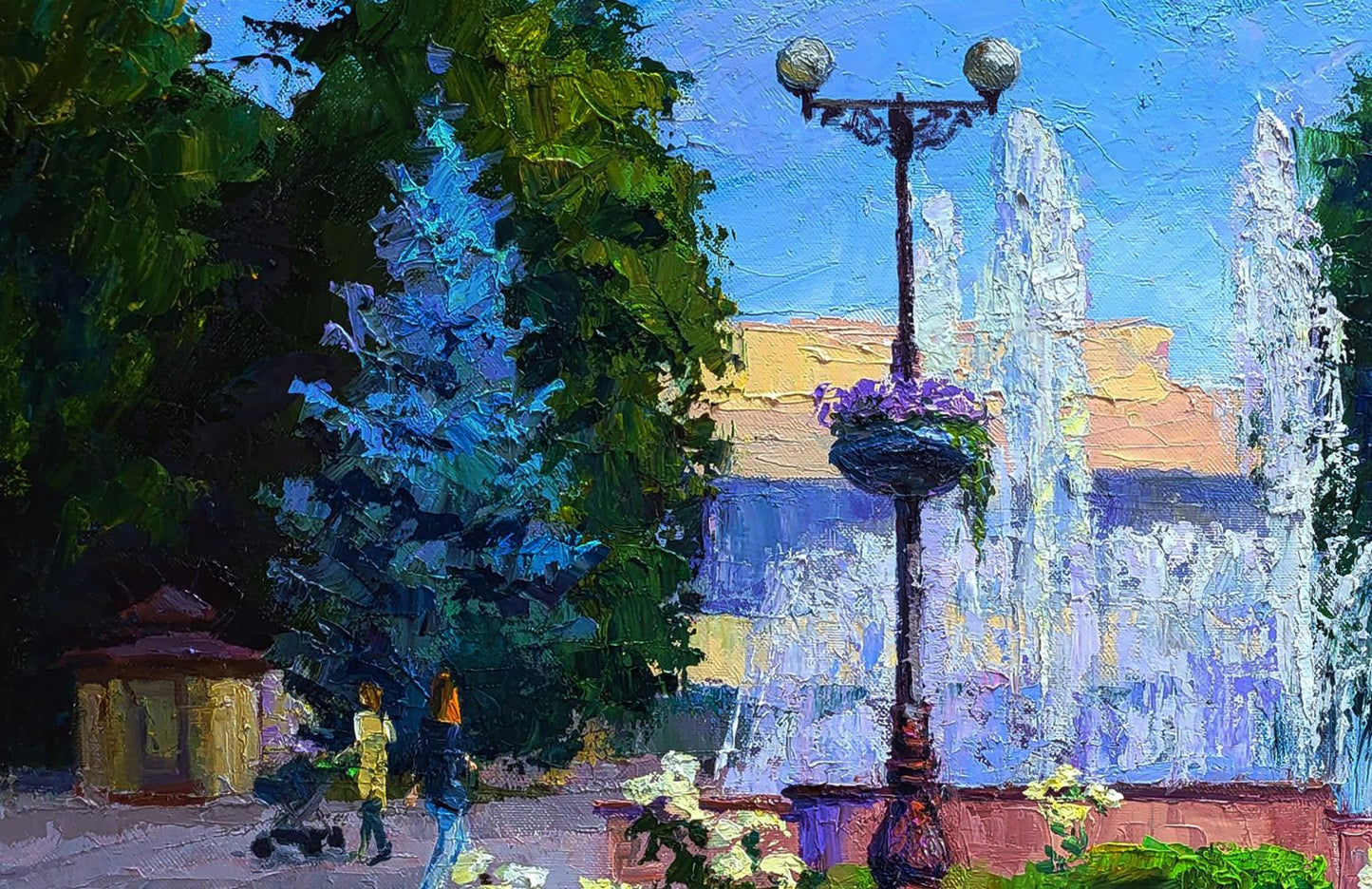 Oil painting of city square with fountains featuring ornate black lamppost by Boris Serdyuk