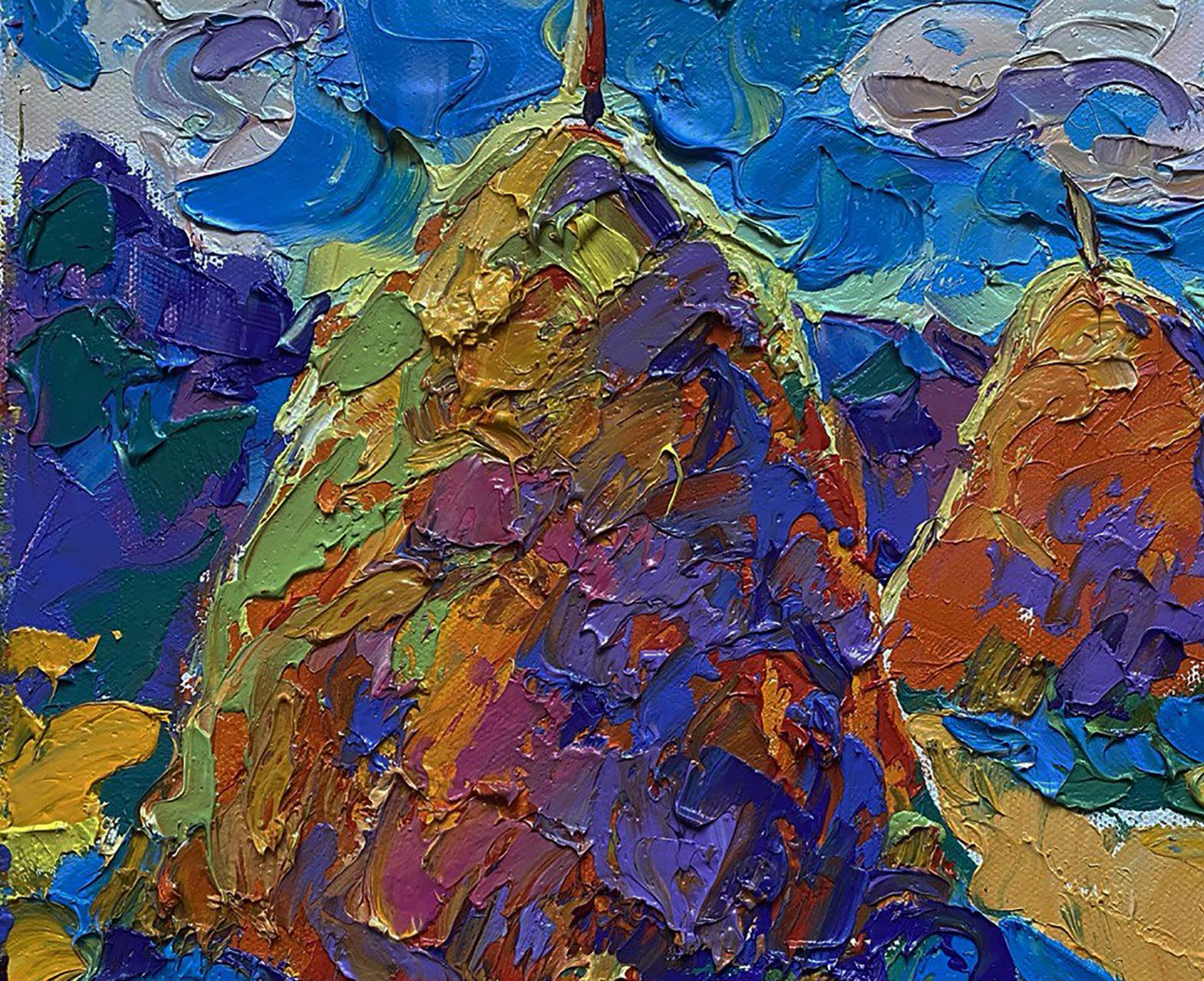 Vibrant textured oil painting of pears by Oleksiy Ivanyuk in golds purples blues