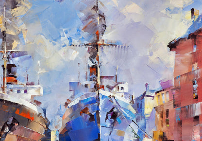 Oil painting Frosty morning by Volodymyr Gluhomanyuk: blue ship amid warm buildings