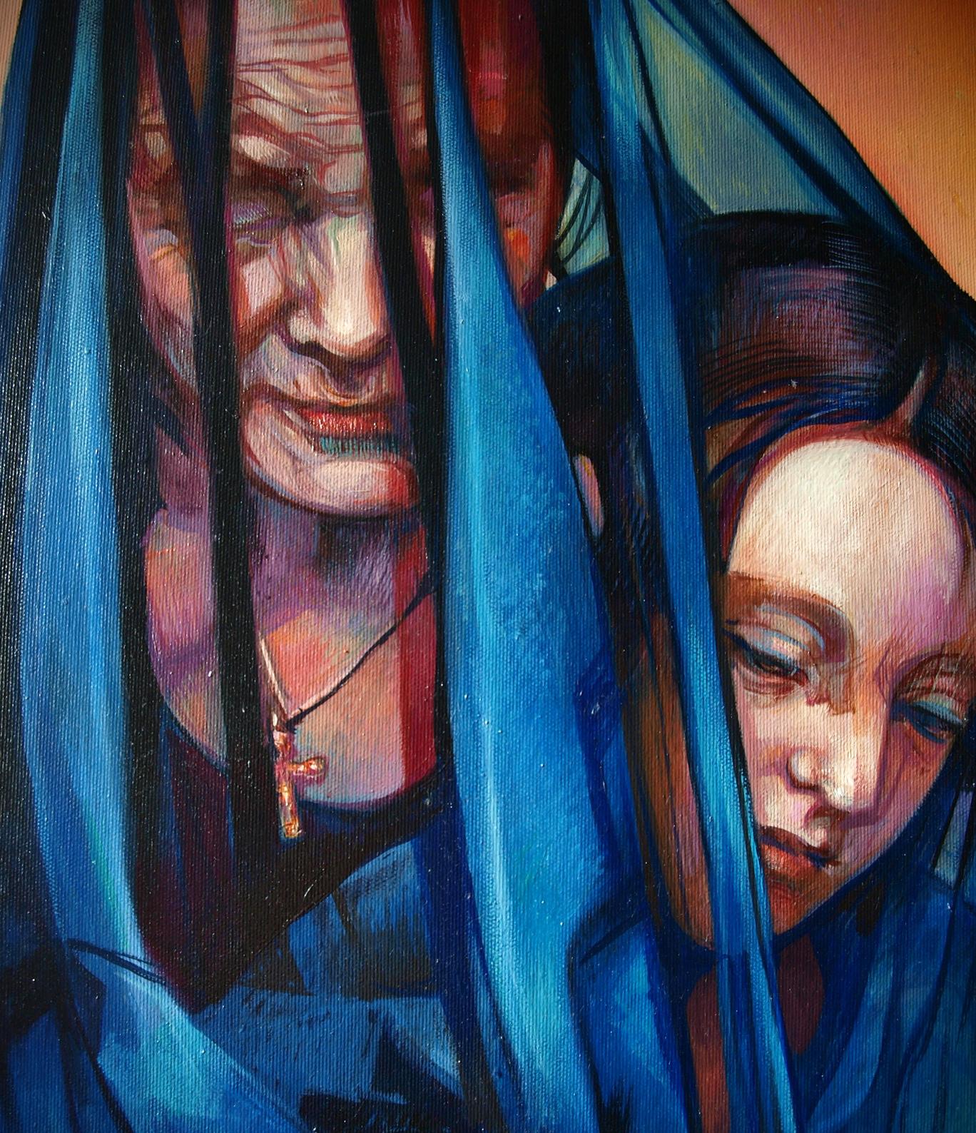 Oil painting Fate by Konsta G. Amelinn with vibrant blue veil on two figures