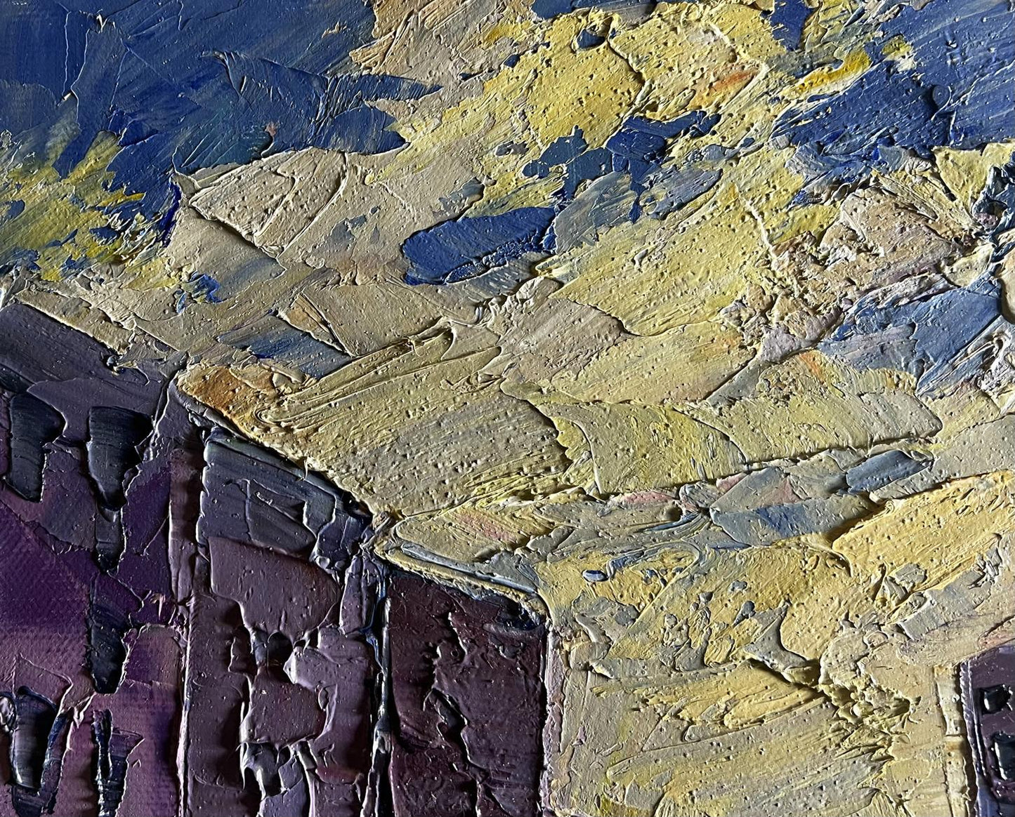 Oil painting Summer day in the city by Boris Serdyuk, textured impasto blues and yellows