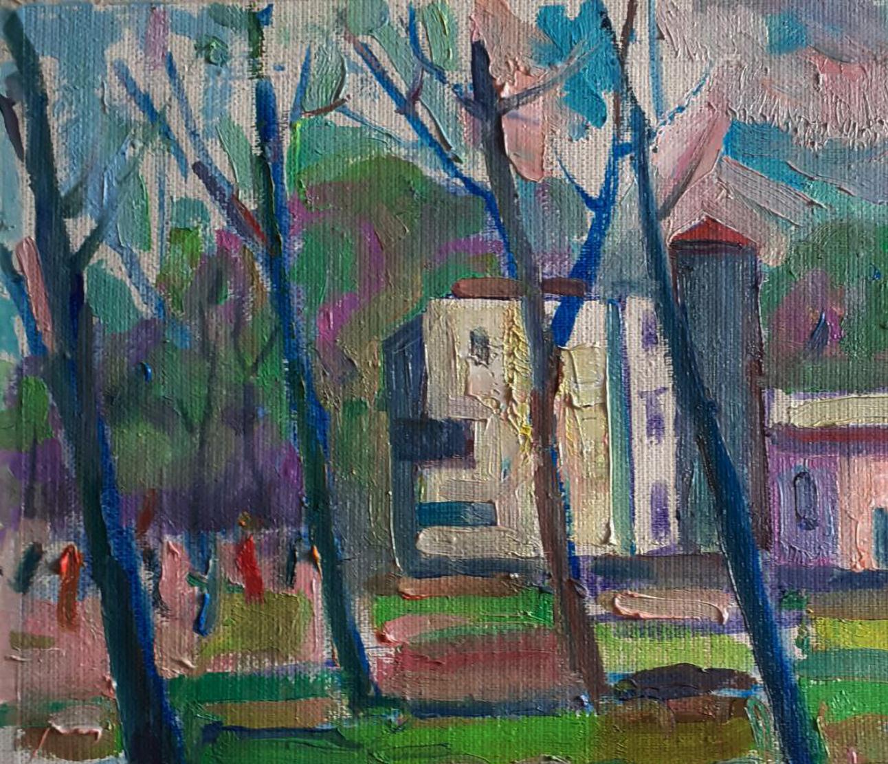 Oil painting Spring in the park by Pavel Dobrev with blue trees and pink building