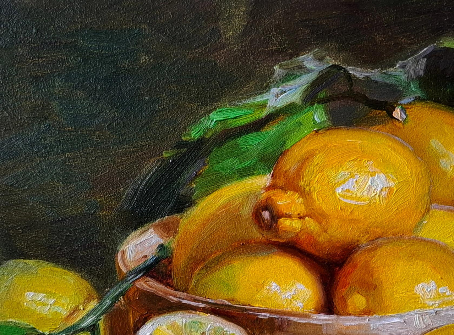Oil painting of vibrant yellow lemons in rustic wooden bowl by Vyacheslav Pereta