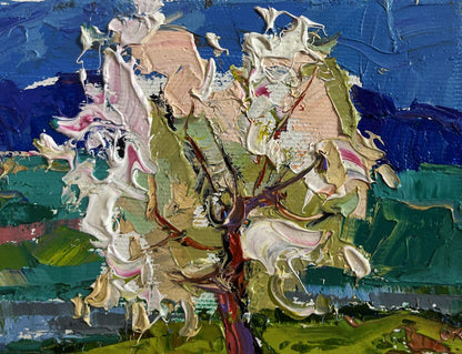 Textured impasto oil painting of wild pear tree near river by Oksana Ivanyuk