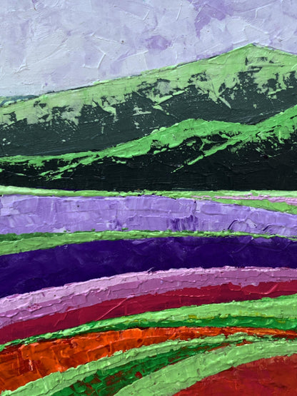 Vibrant oil painting of high green mountains by V. Zadorozhnya