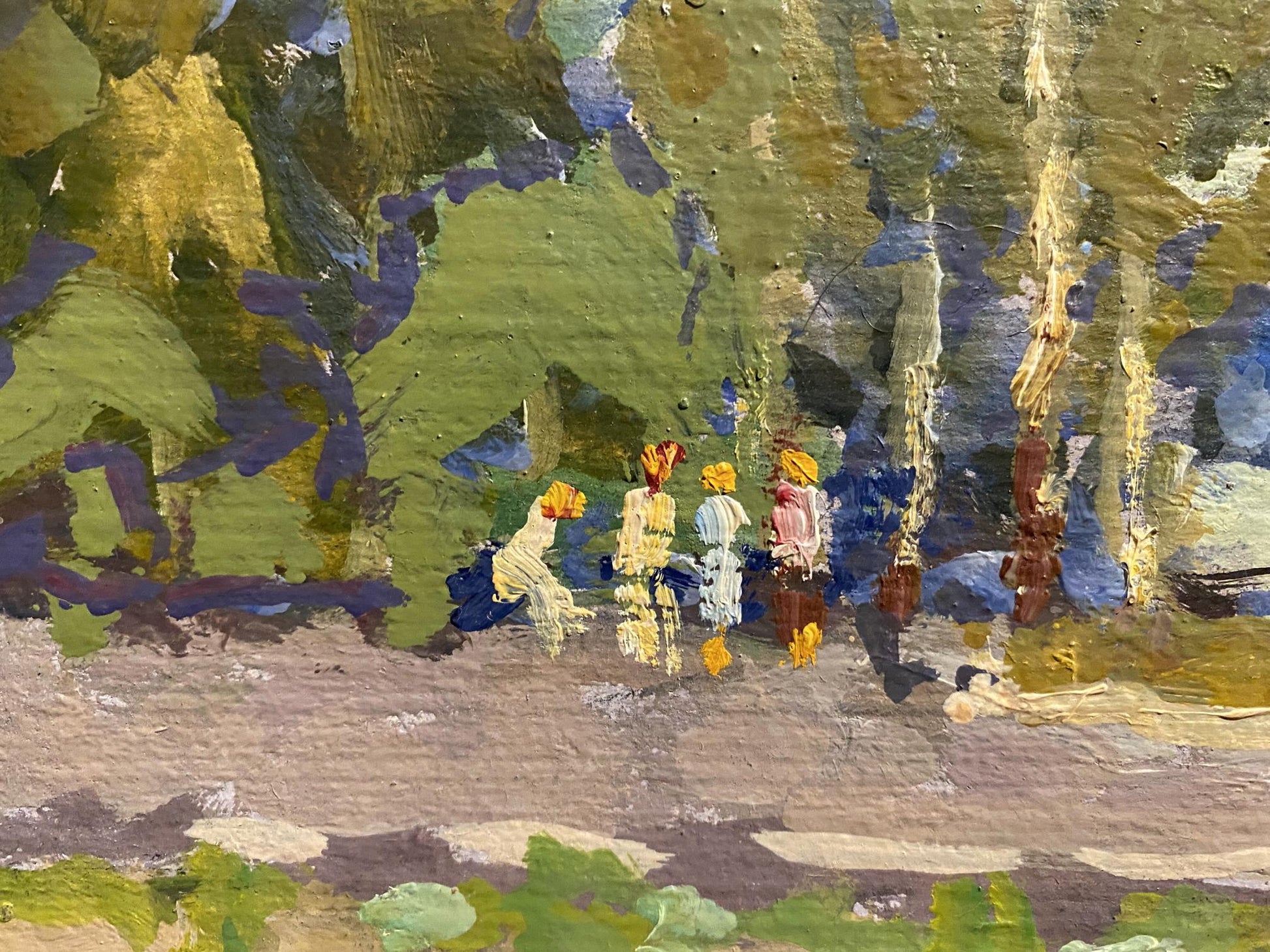 Oil painting by Grigoriy Ruban: five figures walking under lush foliage