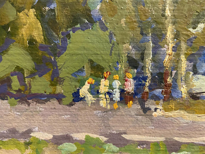 Oil painting by Grigoriy Ruban: five figures walking under lush foliage