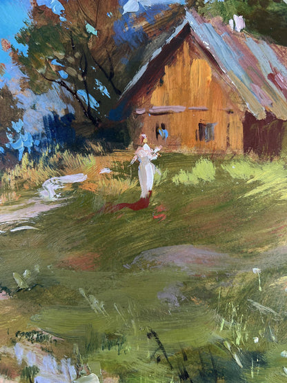 Oil painting of rustic house on hill by Yuriy Suprunchuk