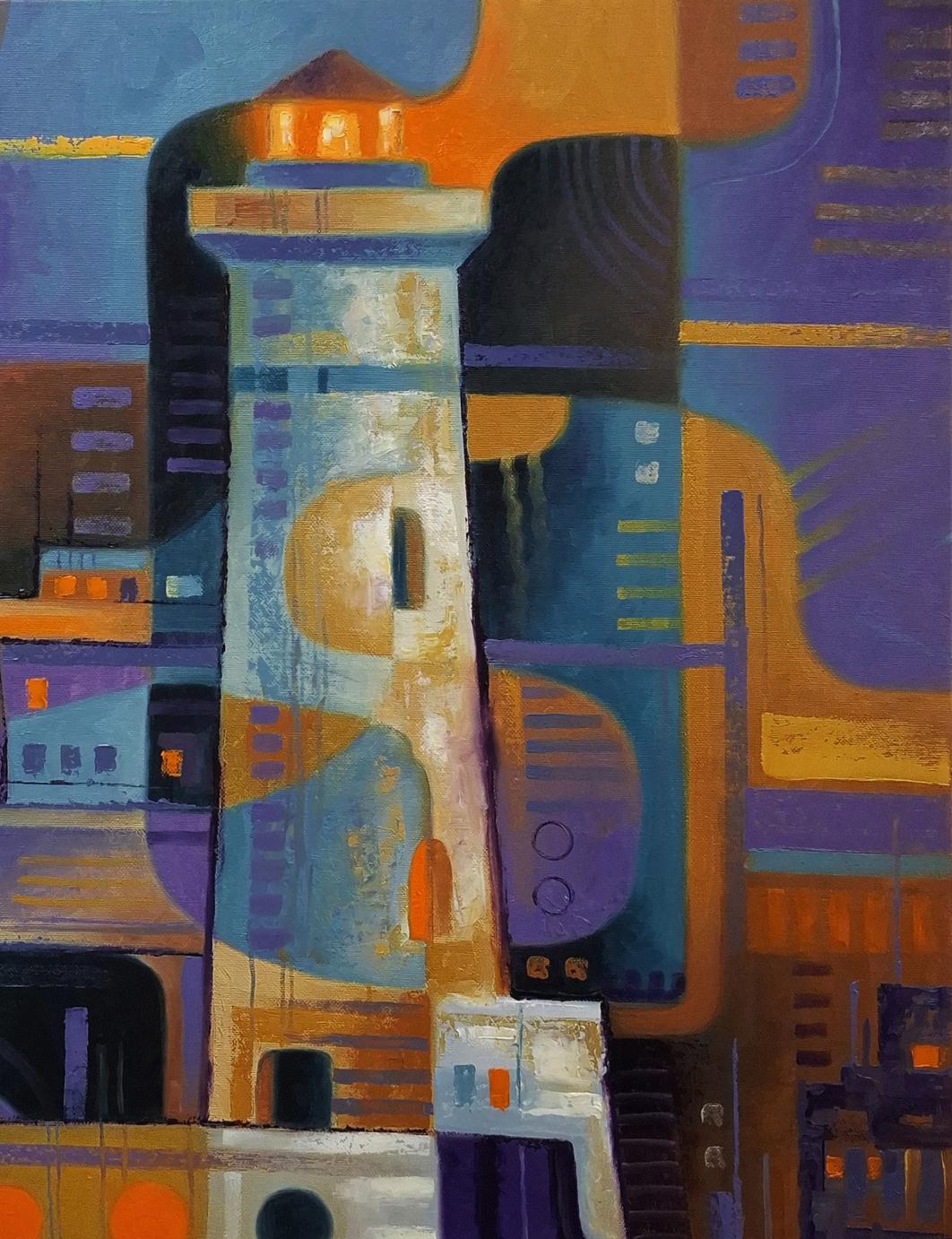 Oil painting of lighthouse and ships by Sergiy Voichenko, blue white stripes orange lights