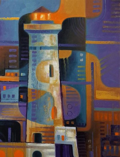 Oil painting of lighthouse and ships by Sergiy Voichenko, blue white stripes orange lights